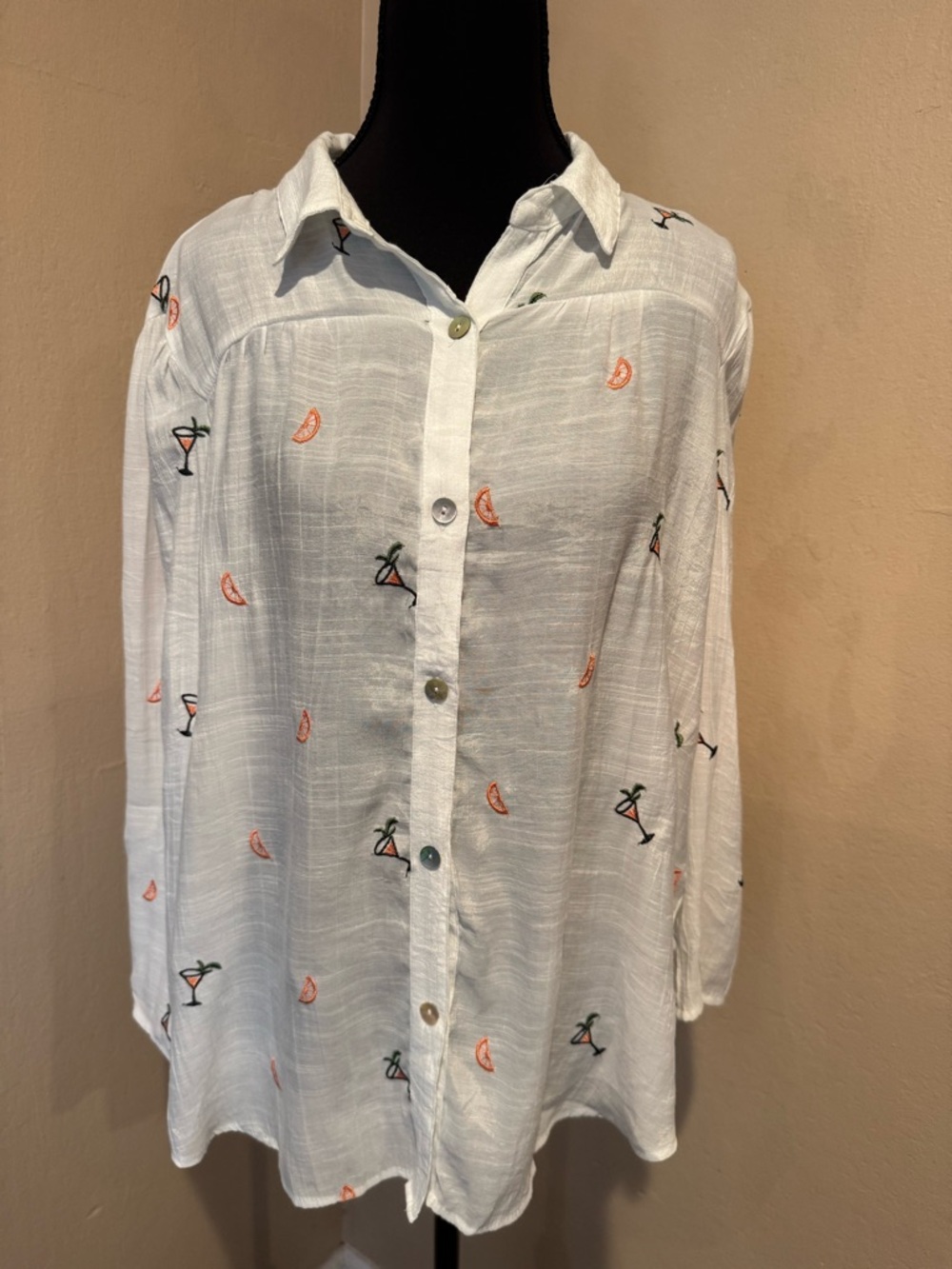 Whimsical Beachy Blouse with Embroidered Tropical Drinks